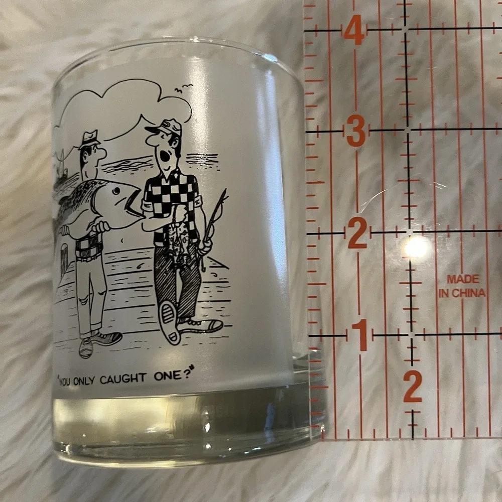 Vintage Bill Davey Fishing Cartoon Frosted Rocks Glasses Set of 4 Mid Century